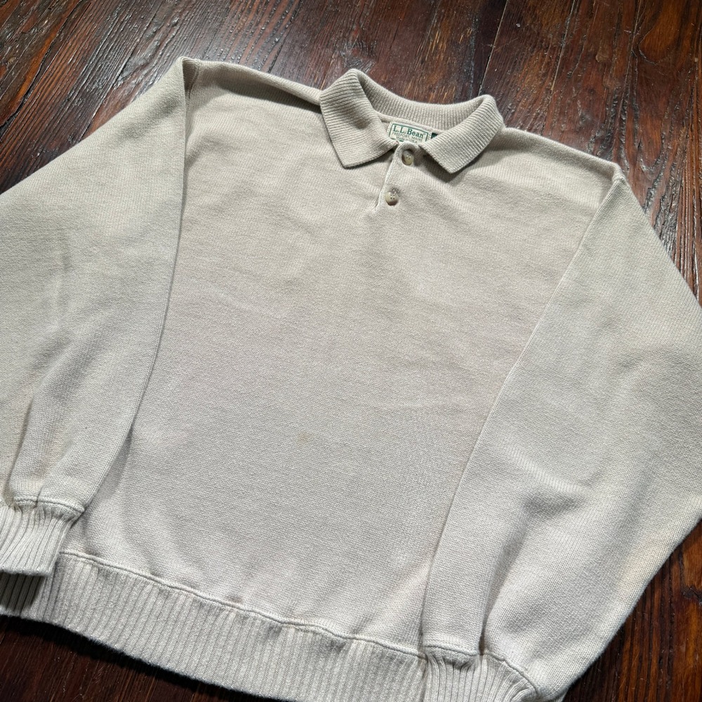 Vintage LL Bean Polo Sweater Mens Large Beige Made in USA Cotton Knit 3263